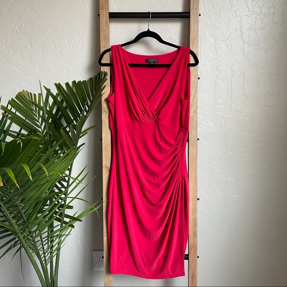 Lauren Ralph Lauren Dresses & Skirts - LAUREN by Ralph Lauren Red Ruched Overlay Faux Wrap Elegant Cocktail Dress